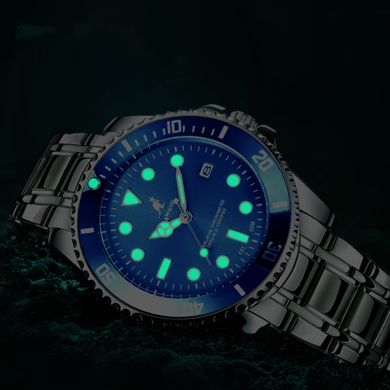 KANGOL Green Submariner Men's Luminous Waterproof Fashionable High-end Quartz Watch Steel Band Blue 40mm