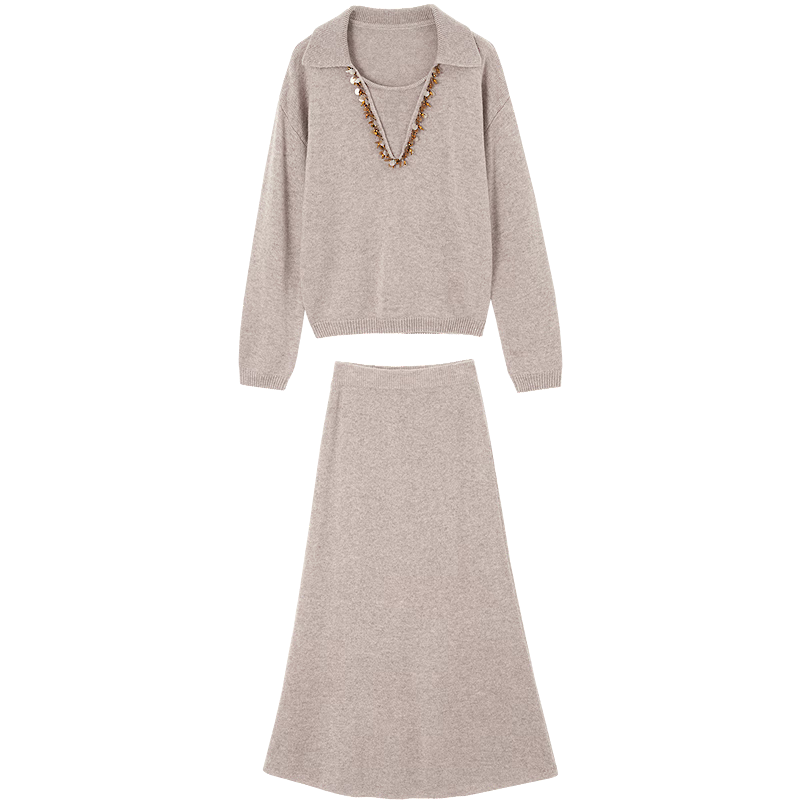 Demana [Lazy Goddess] Winter Elegant Sheepskin Wool Set Hand-Beaded Top Straight Skirt Women's Two-Piece Set
