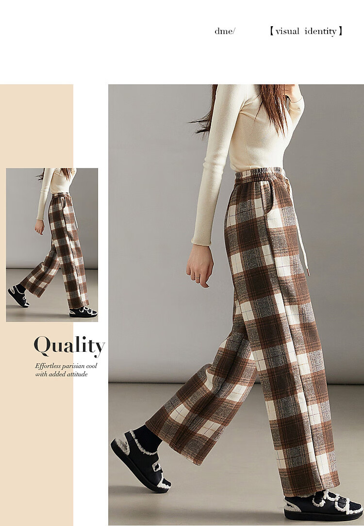 Demana [Fashion Plaid] Winter Little Chanel Style Elastic Waist Wide Leg Pants Fleece Lined Slightly Stretchy Casual Trousers for Women 3