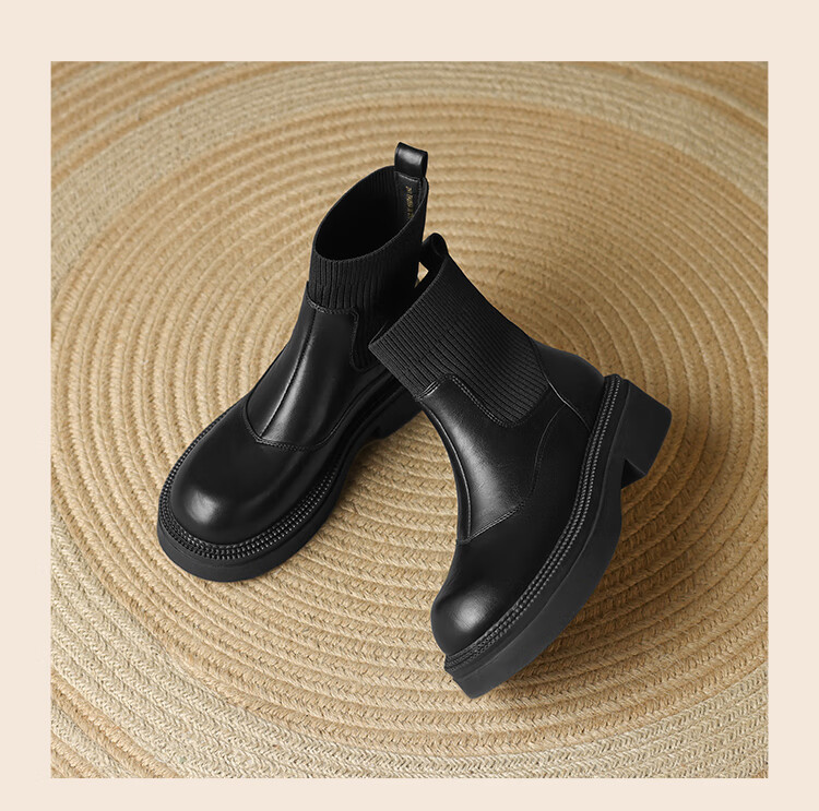 ZHR Elastic Socks Boots Women Autumn Winter Fleece Thick Sole Height Increasing Slimming Soft Sole British Short Boots EH255A Black 36 9