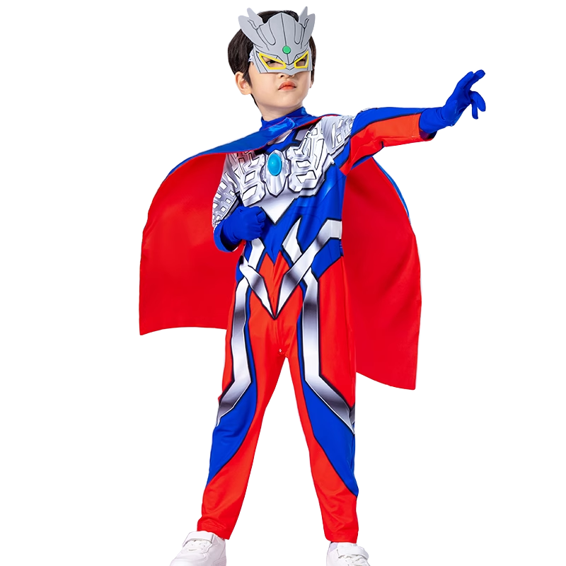 ULTRAMAN Official Golden Zero Ultraman Costume Jumpsuit 130cm Gift Box with Eye Mask, Gloves, Chest Light, and Cape