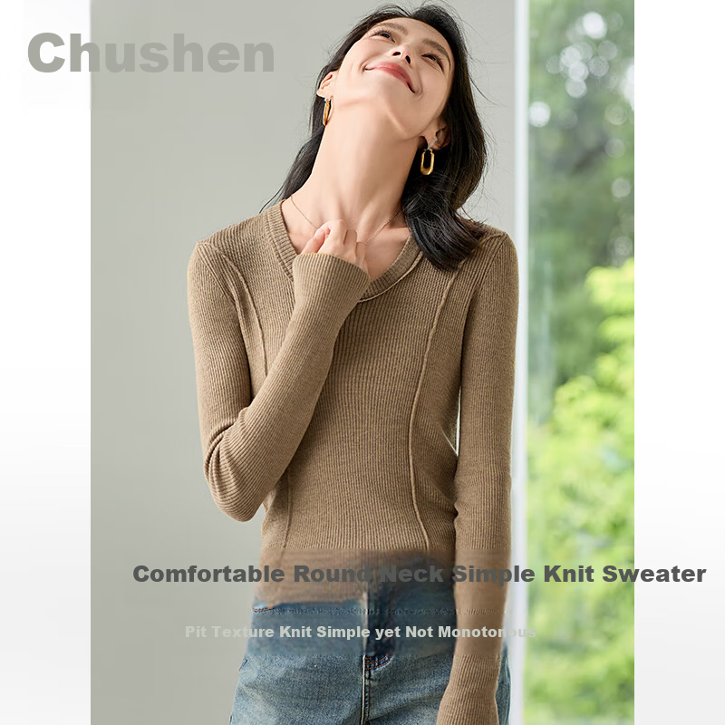 Chushen Spring And Autumn Knit Sweater for Women, Wilderness Maillard Fashion Versatile Round Neck Knitted Base Layer S143Z3020