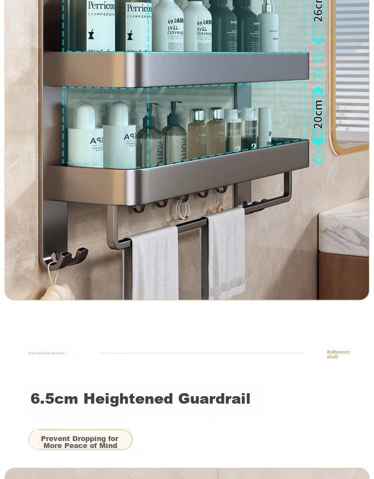Jiabangshou Bathroom Storage Rack, No Drilling Required, Towel Rack, Bathroom Accessories Organizer, Space Aluminum Wall-Mounted Towel Rack - 2 Layers 7