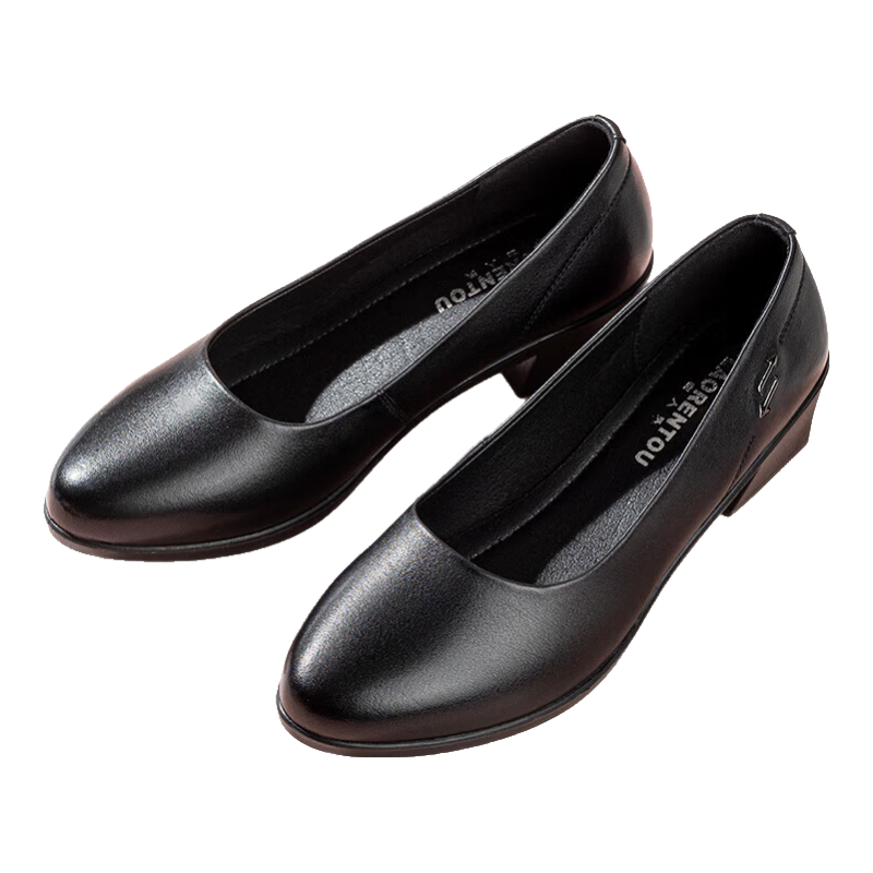 LAORENTOU Women's Shoes, Chunky Heel, Plain Commuter Shoes, Shallow Round Toe Slip-On Flats, Mom Shoes, LB13553, Black, Size 38