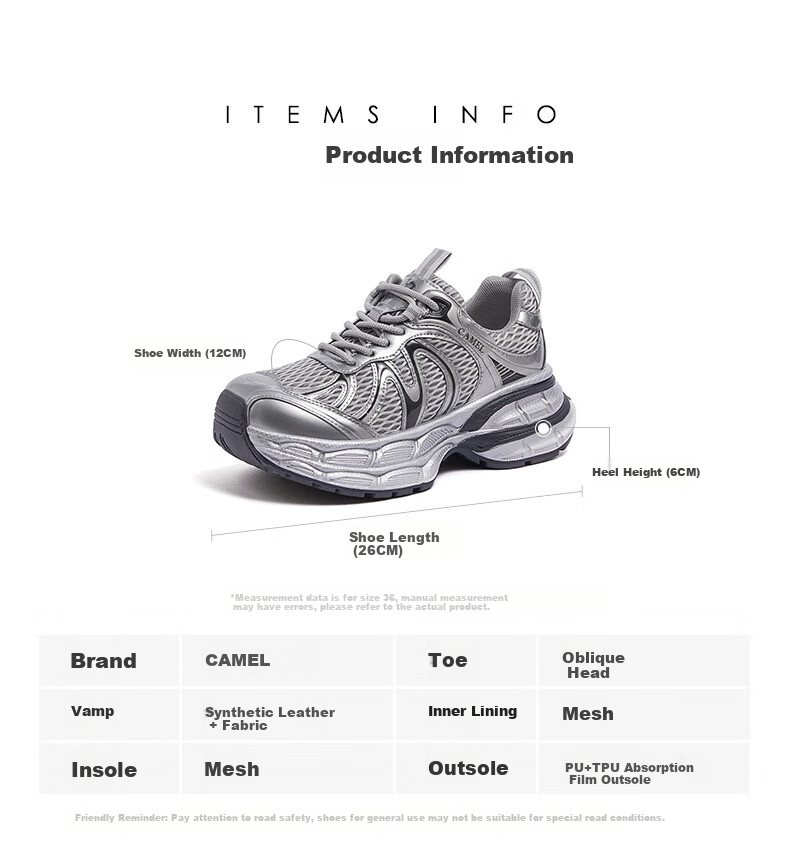 CAMEL [Dilireba's Same Style] Silver Moon 2nd Generation Dad Shoes Women Casual Shoes L25A283148 Gray/Silver 36 21