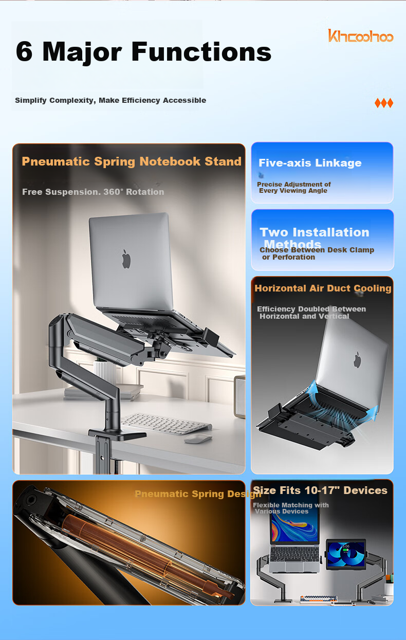 Khcoohoo Dual Gas Spring Laptop Monitor Stand Dual Screen Dual Arm Computer Desk Mount Height Adjustable Left and Right Dual Screen Splicing Mechanical Arm Free Lift 2