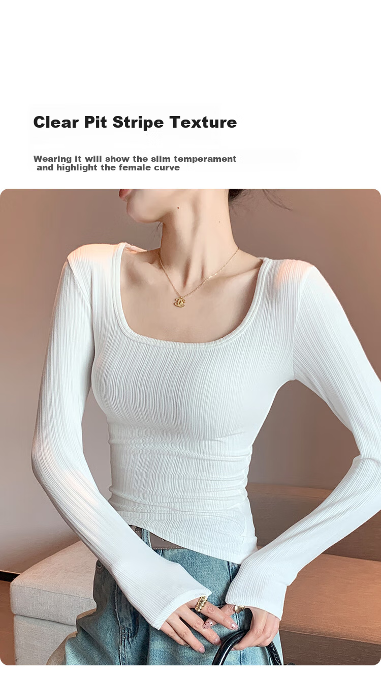 Moonbadi Women's Summer Thin Underwear, Retro Large U-Neck Slim-Fit Base Layer, Suitable for Inner Wear Or Outer Wear, Long Sleeve 4