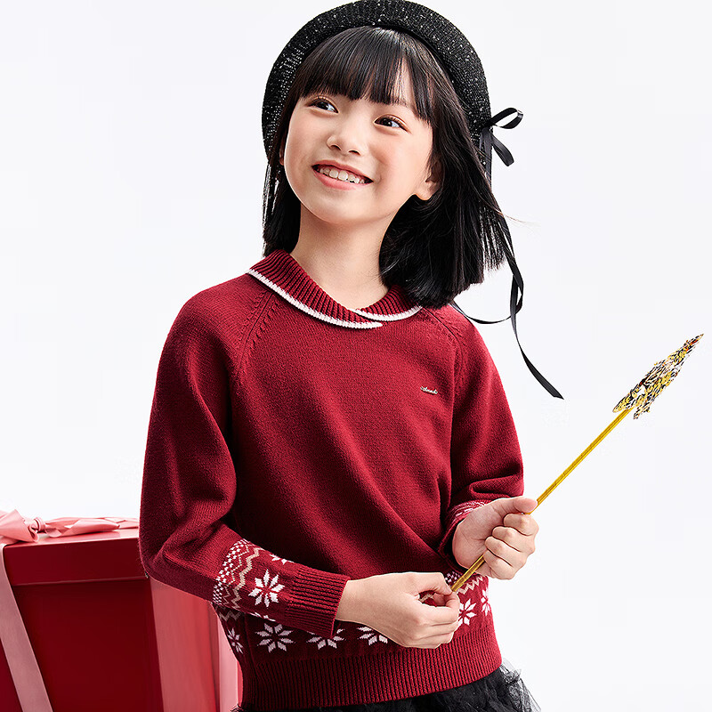 Annil Kids Girls Long Sleeve Knit Sweater 2025 Winter New Sweet Doll Collar Firework Red 110