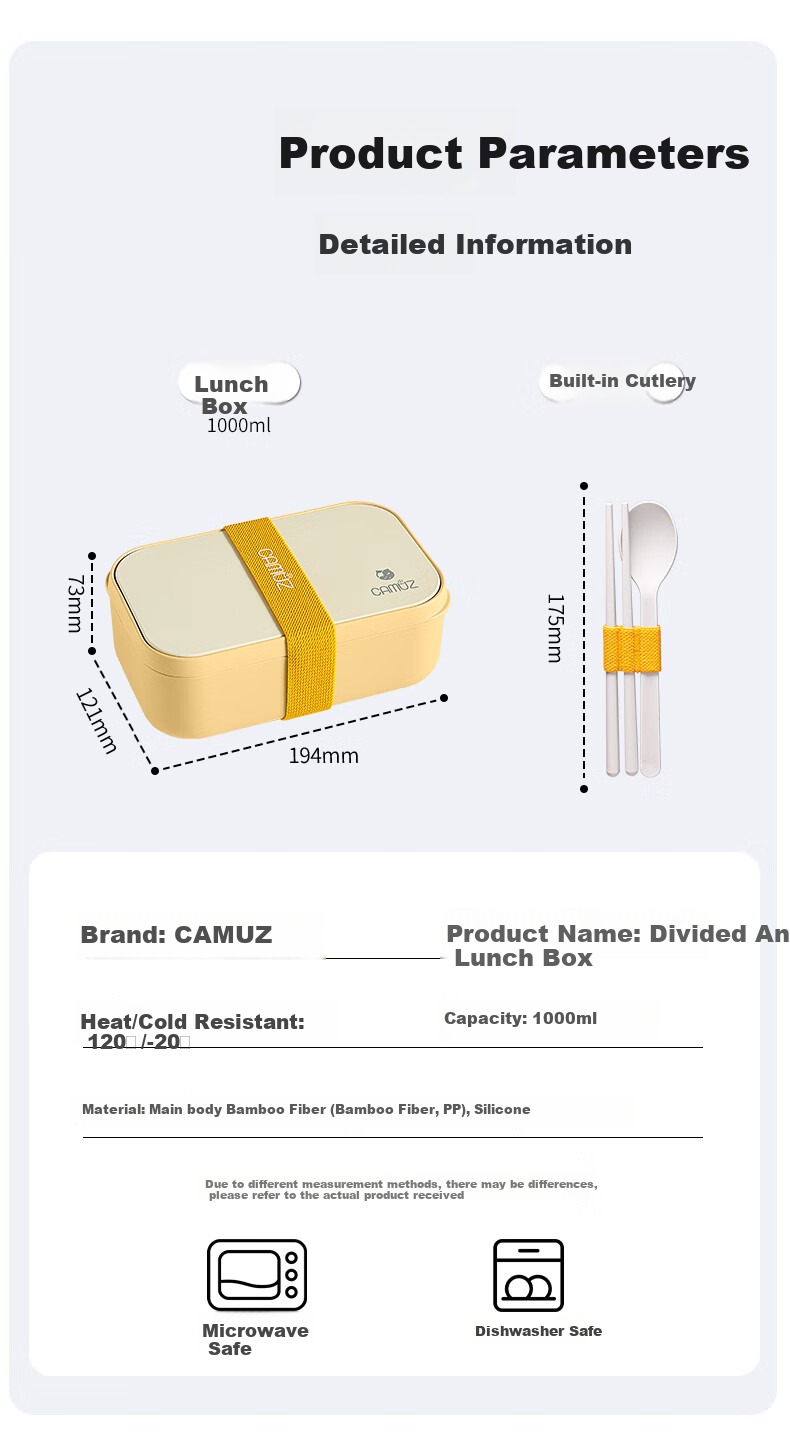 CAMUZ Bamboo Fiber Antibacterial Compartment Lunch Box Microwave-Safe Large Capacity 1000ML Bento Box for Office Workers, White Collaboration Editio 3