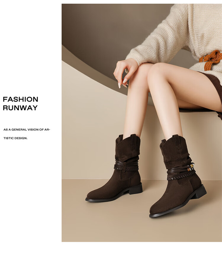 DAPHNE Vintage Western Cowboy Boots Autumn Winter New Mallard French Short Boots Women Tall Boots Suede Coffee 36 2