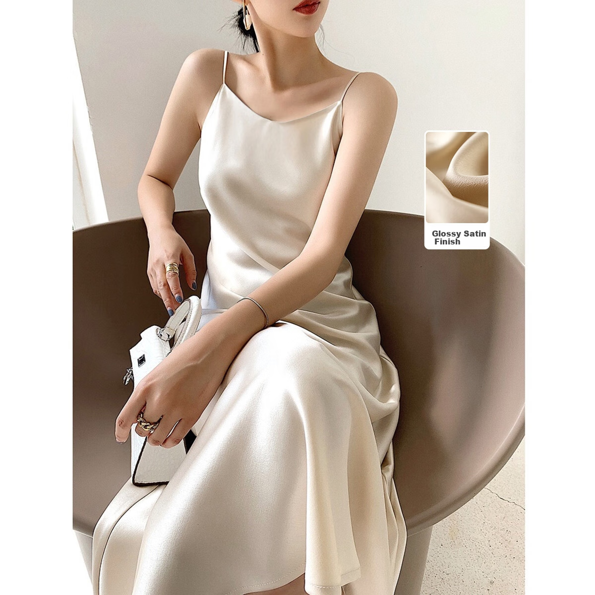 Dme [Glossy Satin Spaghetti Strap Dress], Summer Elegant X-Shaped Spaghetti Strap Midi Dress for Wome