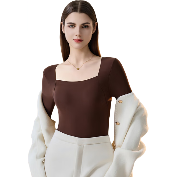 GUJIN Women's Thermal Underwear High Elasticity Square Neck Base Layer Top Coffee Color Autumn Winter 2025 New