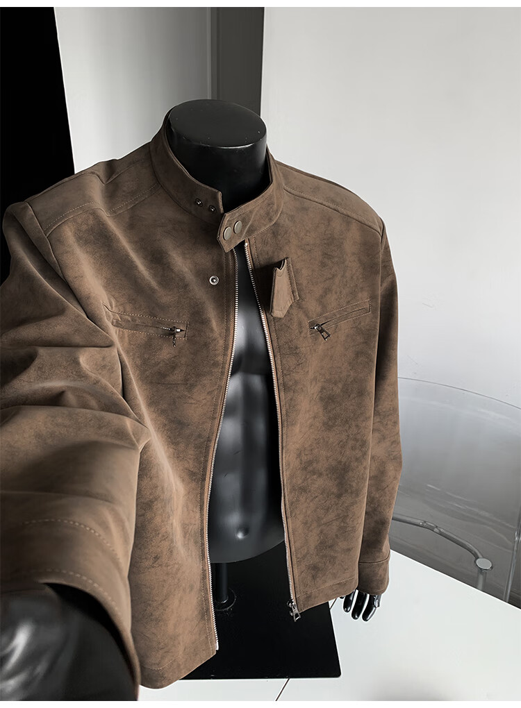 IZEXX Men's American Style Tie-Dye Jacket Autumn Winter Stand Collar Trendy Shoulder Motorcycle Leather Jacket ZGJ58 Black XL 15