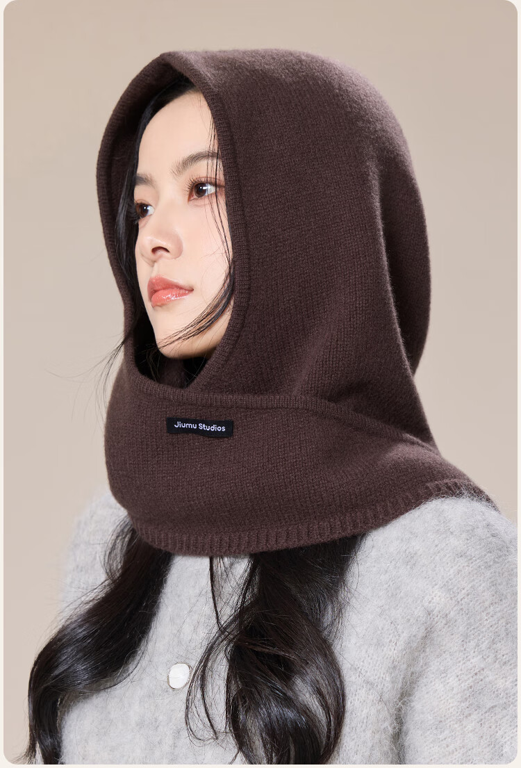 JIUMU Pure Wool Warm Knitted Balaclava Hat for Women Autumn Winter Cold-Resistant Hat with Integrated Hood and Scarf 11