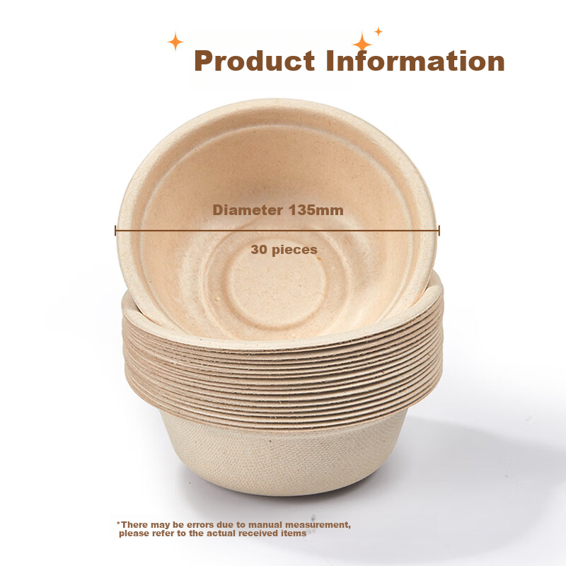 SHUANG YU Sugarcane Pulp Paper Plates And Bowls, Disposable Tableware, Waterproof And Oil-Resistant, Natural Color, Biodegradable Round Bowls, 350ml, 30 Pieces