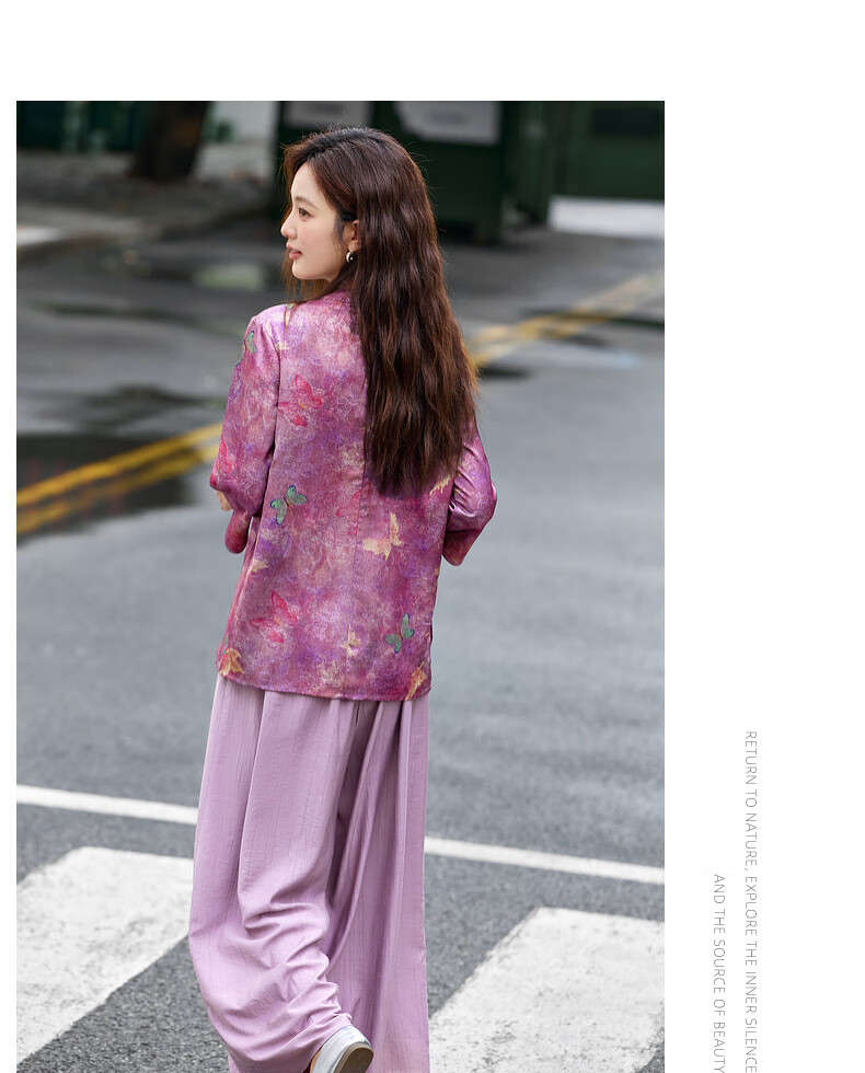 Fanximan New Chinese Style Women's Autumn Set Stand Collar Top Wide Leg Pants Set Purple Floral M 10