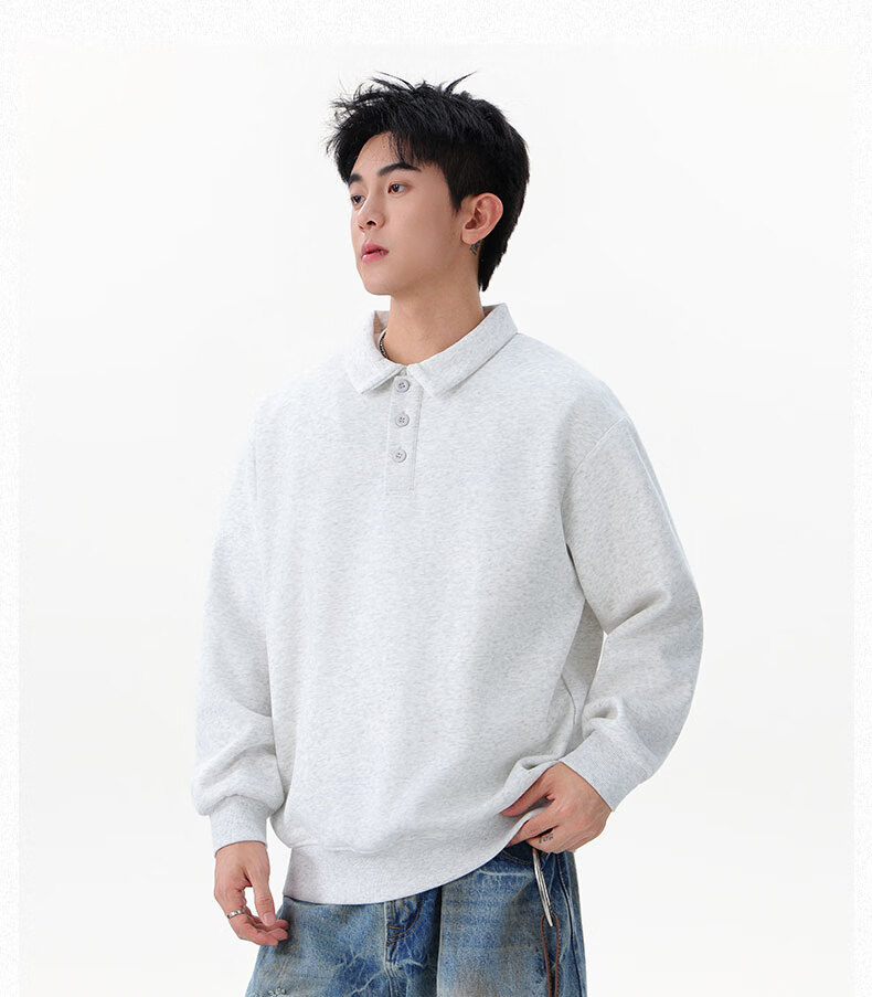 Dingfengbaoluo Heavyweight Polo Collar Sweatshirt Men Autumn Winter Trendy Casual Loose Simple Solid Color Top DQZ10 Black XL 1