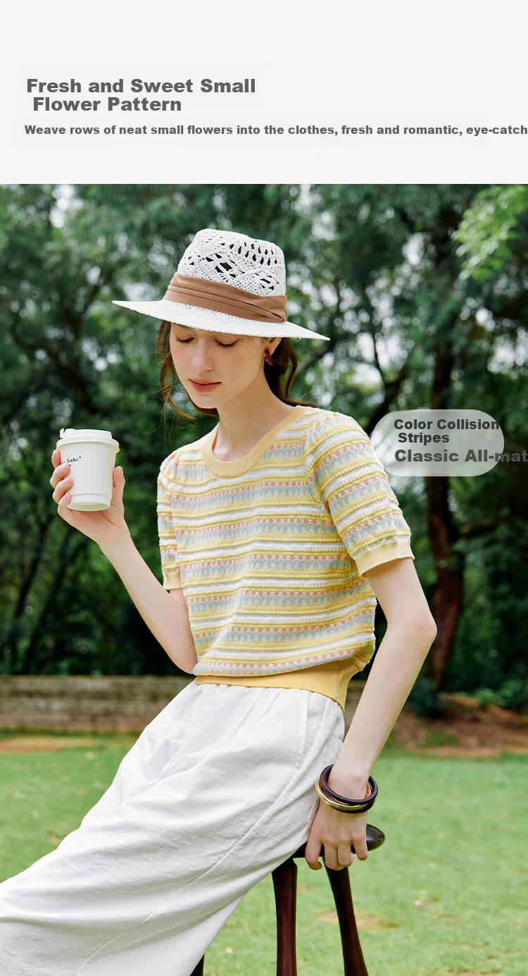 INMAN [Showroom Style] Suoluna Cool-Feeling Striped Short-Sleeve Women's Top, Summer 2026 Knitted Sweater, Yellow, Size L 4