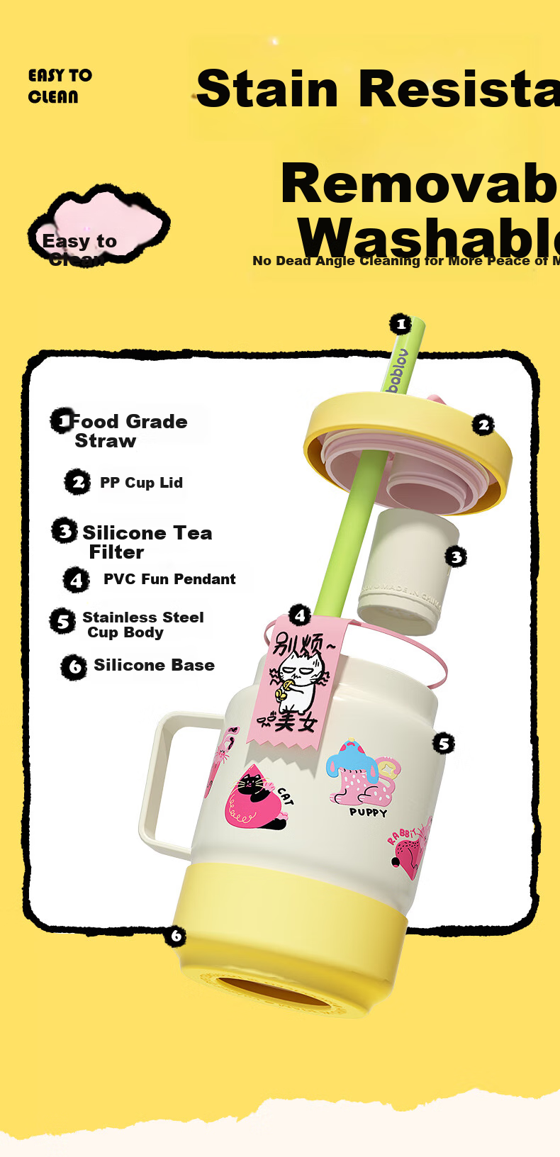 BABLOV Children's Insulated Cup, Stylish Large Capacity Coffee Mug for Girls, Stainless Steel Straw Water Bottle, Gift Cup 7