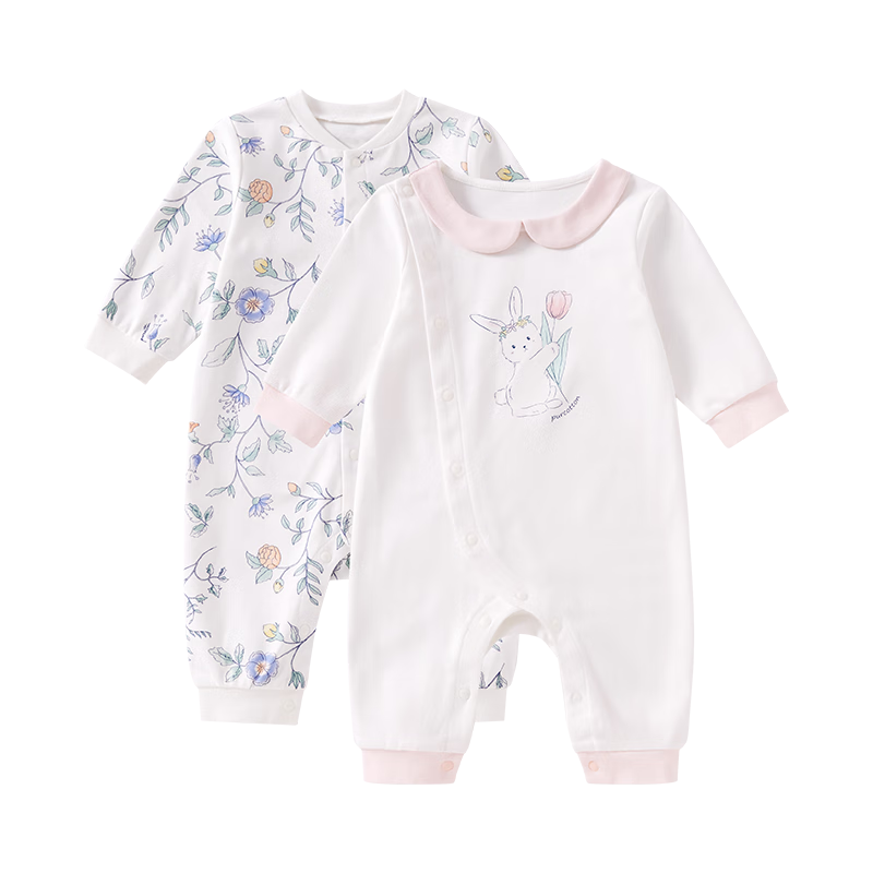 PurCotton Baby Clothes, Newborn Double-Sided Soft Pure Cotton Onesie, All-Season Bodysuit for Infants, White + Light Dance, Size 59