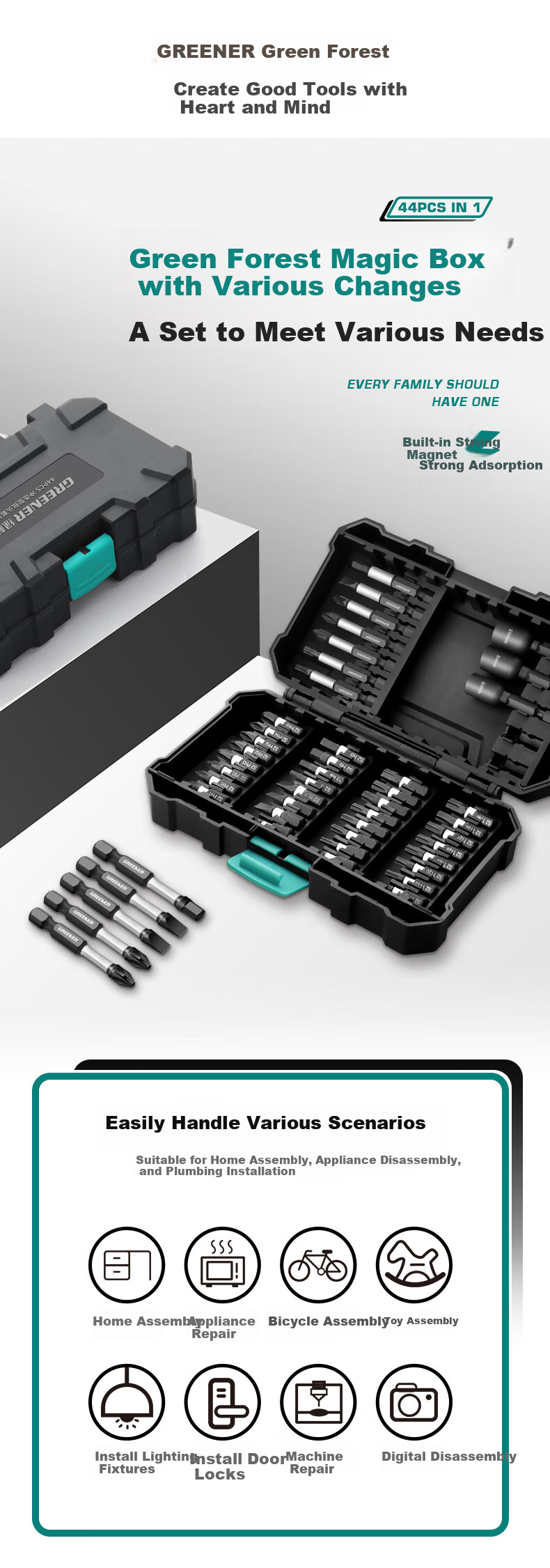 GREENER 44-Piece Cross Impact Screwdriver Bit Set with Magic Box Kit for Home Use, Hexagonal, Torx, Electric Drill, Versatile Impact Driver 1