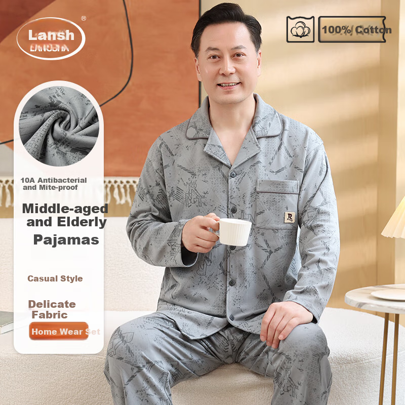 Мужская пижама LangSha, комплект из 100% хлопка, для сна и дома, осень, размер 3XL (175-200 кг), серый