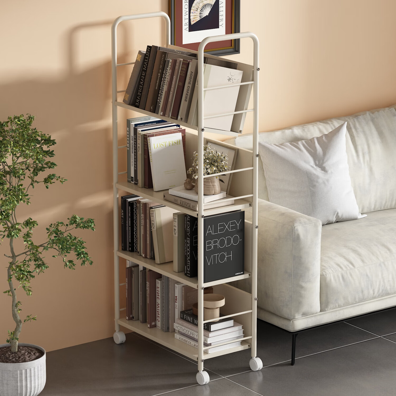 ANERYA Mobile Bookshelf Floor-Standing Iron Art Children's Picture Book Rack Student Book Storage Simple Metal Bedroom Bookcase 4-Tier