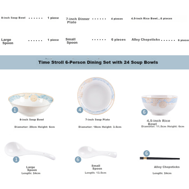 Haoya 24-Piece Bowl And Plate Set, Jingdezhen Ceramic Tableware Set, Bowls, Plates, Dishes, And Utensils Set, Timeless Journey