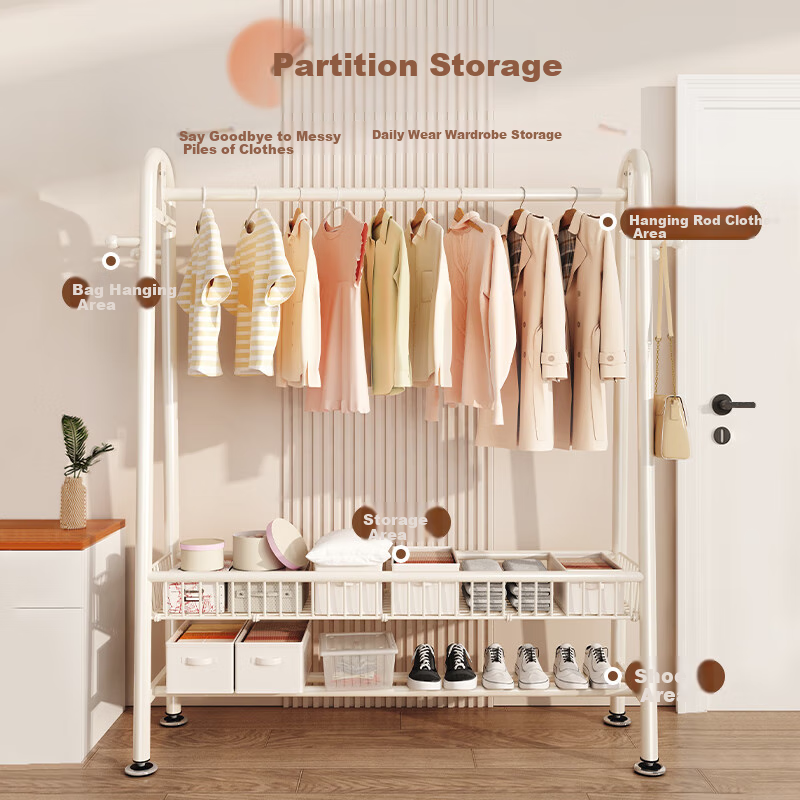 BIX Floor-Standing Clothes Rack for Bedroom, Home Drying Rack, Simple Coat And Hat Stand, Indoor Balcony Clothes Hanger, 1.2m, White