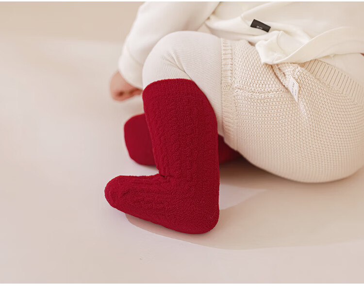 Five Cotton Flowers Children's Socks Red Socks for Birth Year Autumn Winter Baby Socks Fleece Thickened New Year Seamless Mid-Calf Baby Socks 15