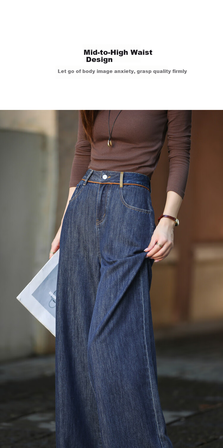 Dme [Yunyang Cotton Series] Autumn Minimalist Style Mid-Rise Contrasting Color Roll-Up Straight Wide-Leg Jeans for Petite Wome 3