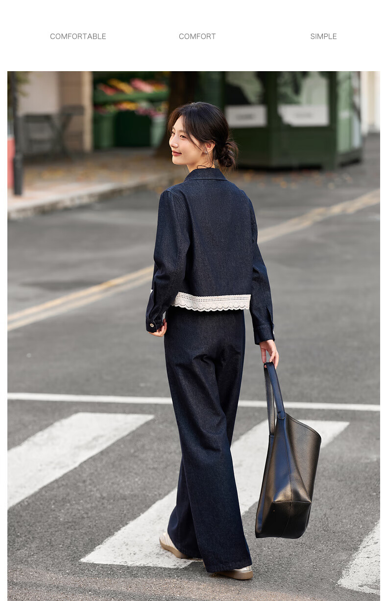 Fanshi Man Lace Trim Denim Set Women Autumn New Lapel Jacket and Pants Two-Piece Set Denim Blue XL 11