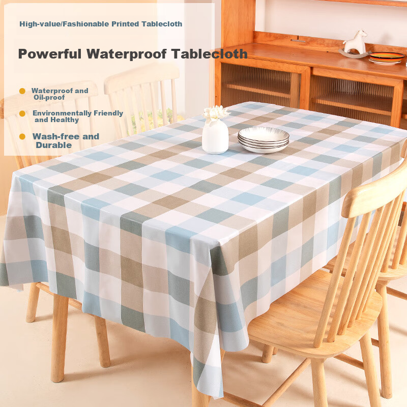 CHERISHES LIFE Waterproof And Oil-Resistant PVC Tablecloth, Washable, Thickened Rectangular Dining Table And Coffee Table Cover, Blue And Brown Large Grid Pattern, 137*180cm