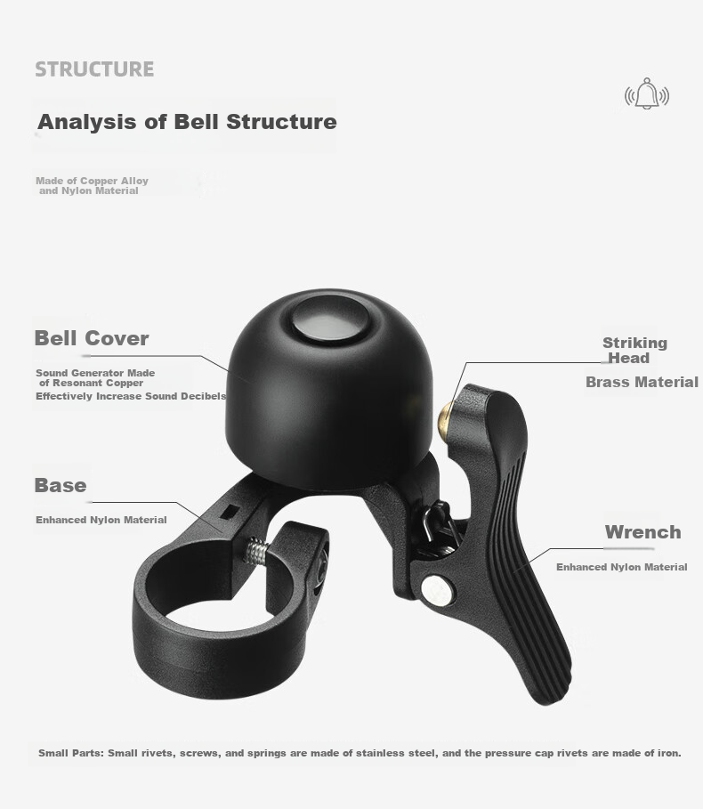 ROCKBROS Mountain Bike Bell, Road Bike Folding Bike Horn, Children's Balance Bike Cycling Accessories, Black, Right Side 8