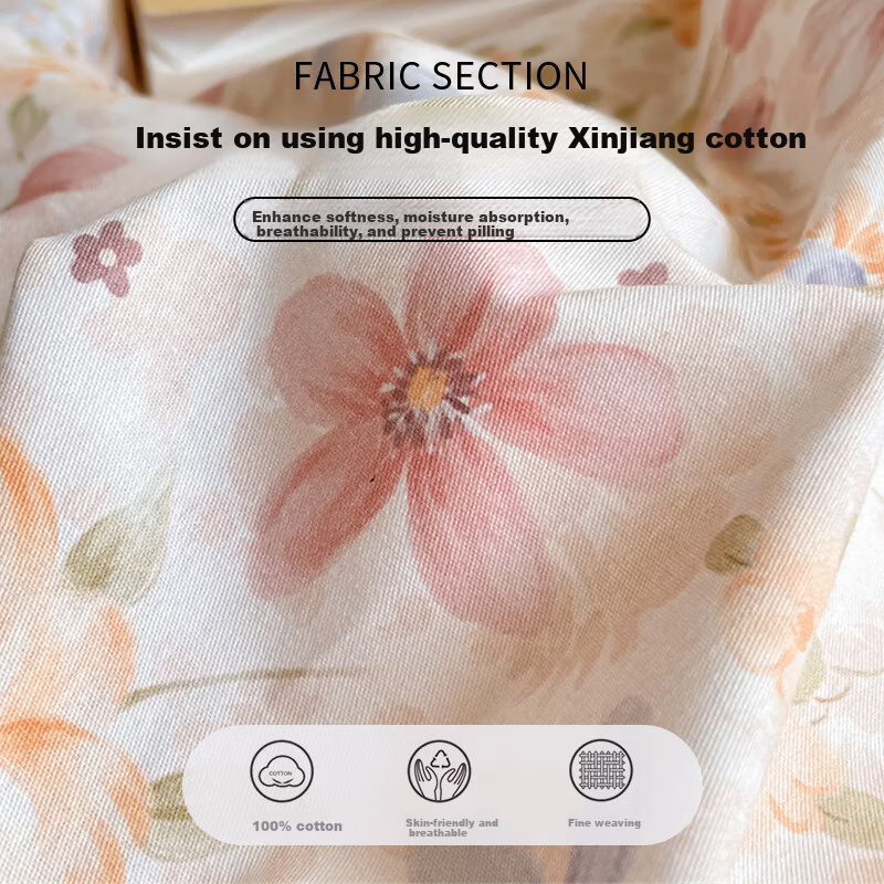 Hodo 100% Pure Cotton Four-Piece Bedding Set Spring And Autumn Bed Sheet Duvet Cover 200x230cm, Floral Pattern for 1.5/1.8 Meter Bed