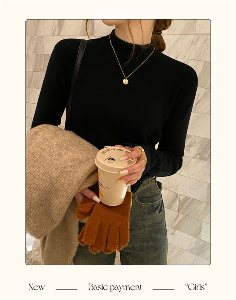 YUZHAOLIN Women's Half Turtleneck Base Shirt Autumn Winter 2025 New Knitted Lazy Style Soft Sweater Black 10