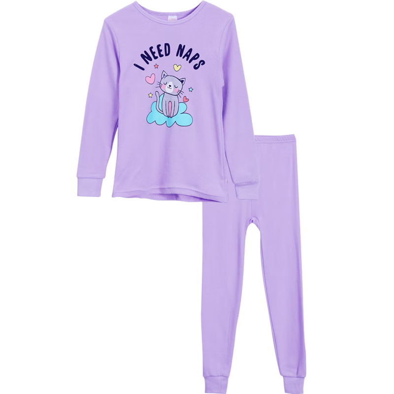 Hodohome Children's Autumn Cotton Thermal Underwear Set for Girls, Light Purple, Size 160
