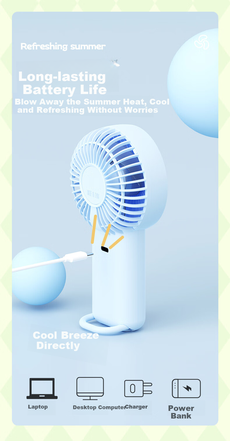 Ouliwen Small Fan, Desktop And Bed Handheld USB Rechargeable Low Noise Two-Speed with Base, Portable Mini High-Power Office Dormitory Fan, My Little Pony Blue 3