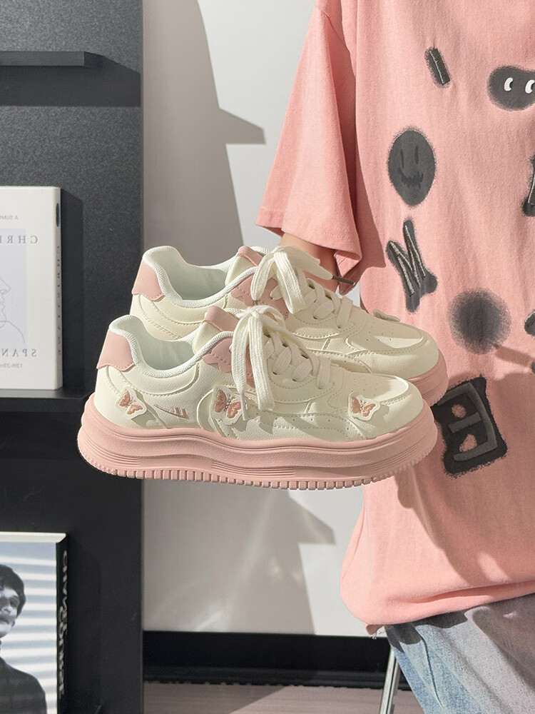 Huili Pink Butterfly Platform Shoes for Women, New Soft-Soled Comfortable Casual Shoes, Beige Pink, Size 36 (Runs Small Half Size) 9