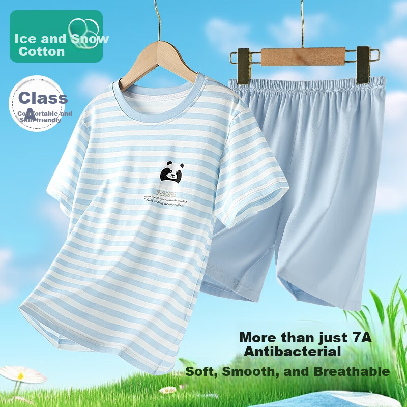 Bingxuemumian Children's Summer Short-Sleeve Shorts Two-Piece Set, Pure Cotton Class A Home Wear Set, Youth Clothing New Style