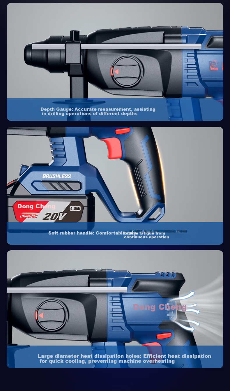 Dongcheng 20V Rechargeable Brushless Three-In Lithium-Ion Hammer Drill, Electric Pick, Impact Drill, Concrete Drill DCZC04-24H2M 10