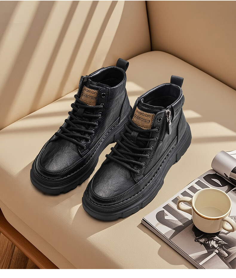 Eierkang Men's Cotton Shoes British Style Martin Boots Casual High-top Sneakers Retro Fashion Work Boots Trendy Thick-soled Shoes for Men 19