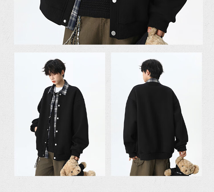 Dingfengbaoluo American Plaid Patchwork Two-in-One Cardigan Sweatshirt High-End Loose Casual Jacket XDO12 Black M 5