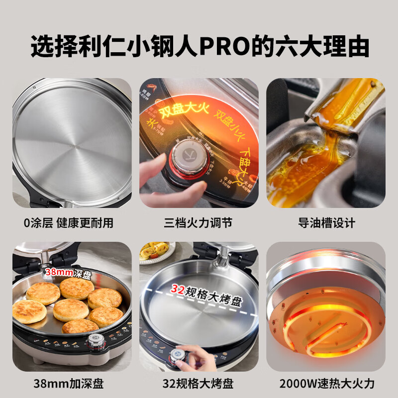 Liven New Product Xiaogangren Pro Stainless Steel Electric Griddle for Home Use, Non-Coated, 38MM Deep Pan, Adjustable Heat, 2000W Double-Sided Heating, LR-XGR3297