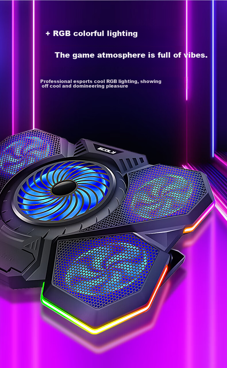 ECOLA Gaming Laptop Cooling Stand, Douzhanzhe Zhans7000 Gaming Five-Fan Cooler with Ten RGB Colorful Light Effects + 7 Adjustable Height Settings NBC-T907 BK 6