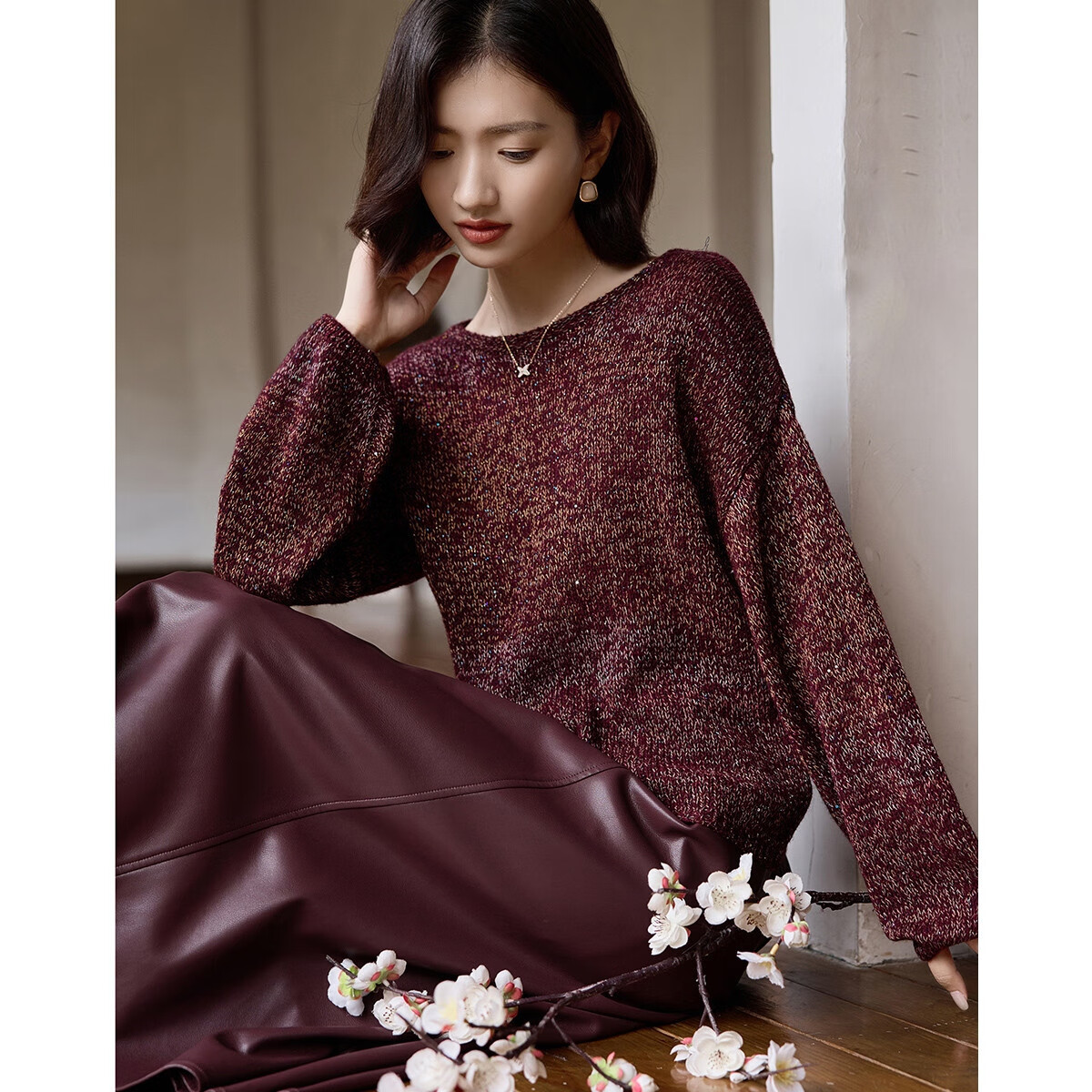 Demana Gradient Irregular Dyed Yarn Sweater with Lantern Sleeves, Autumn Sheep Wool Texture Women's Knit Top