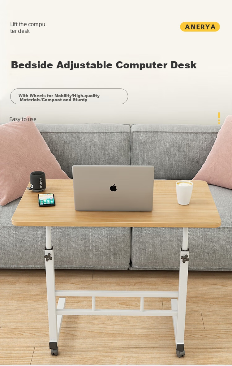 Anerya Bedside Computer Desk with Wheels, Movable Lazy Table, Height Adjustable Bed Study Desk, Warm White Double-Layer 60*40 2