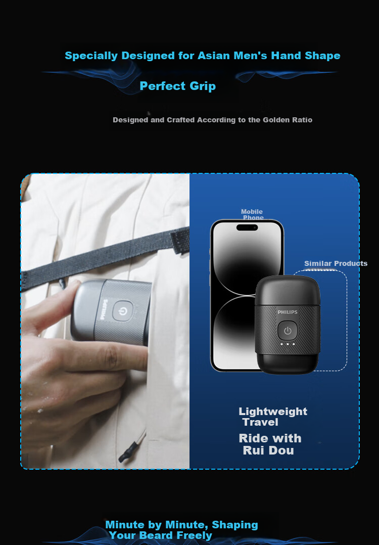 PHILIPS [Mid-Autumn Festival Gift Box] New Self-Operated Men's Electric Shaver, Pebble Portable Model, 0.0 Micron Close Shave, Golden Ratio, Extreme Black, Birthday Gift for Me 5