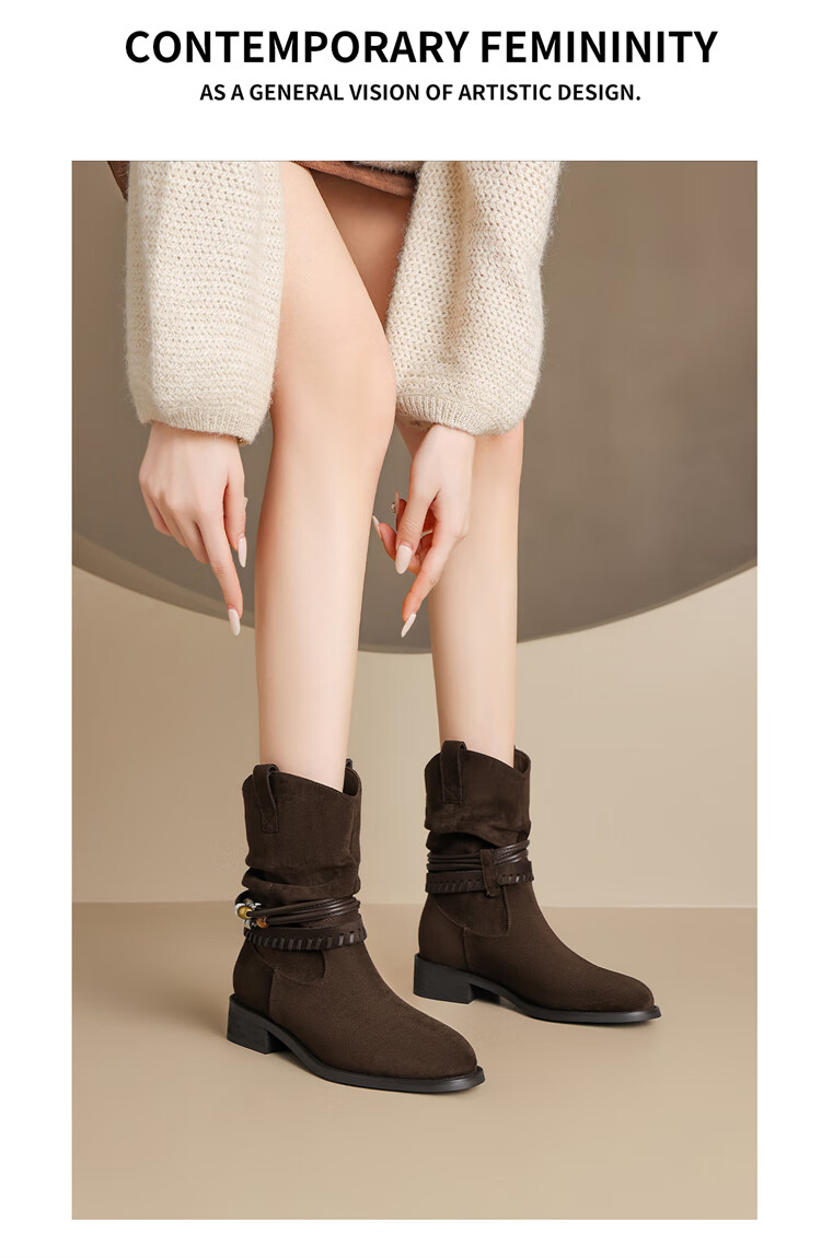 DAPHNE Vintage Western Cowboy Boots Autumn Winter New Mallard French Short Boots Women Tall Boots Suede Coffee 36 3