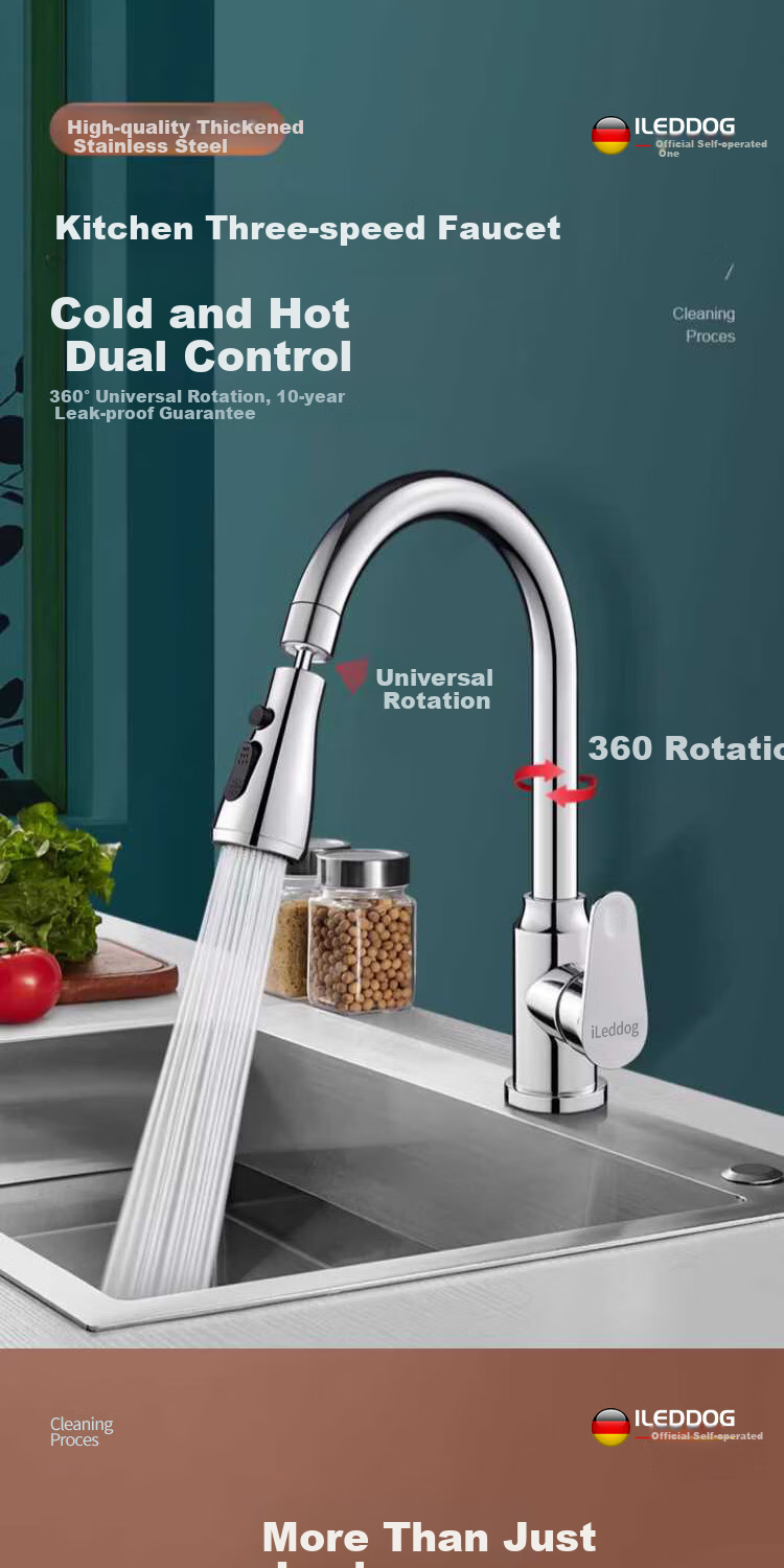 ILeddog [Germany] Kitchen Faucet with Filter, Vegetable Washing Basin, Hot And Cold Water, Stainless Steel Swivel Anti-Splash Tap GY2D 1